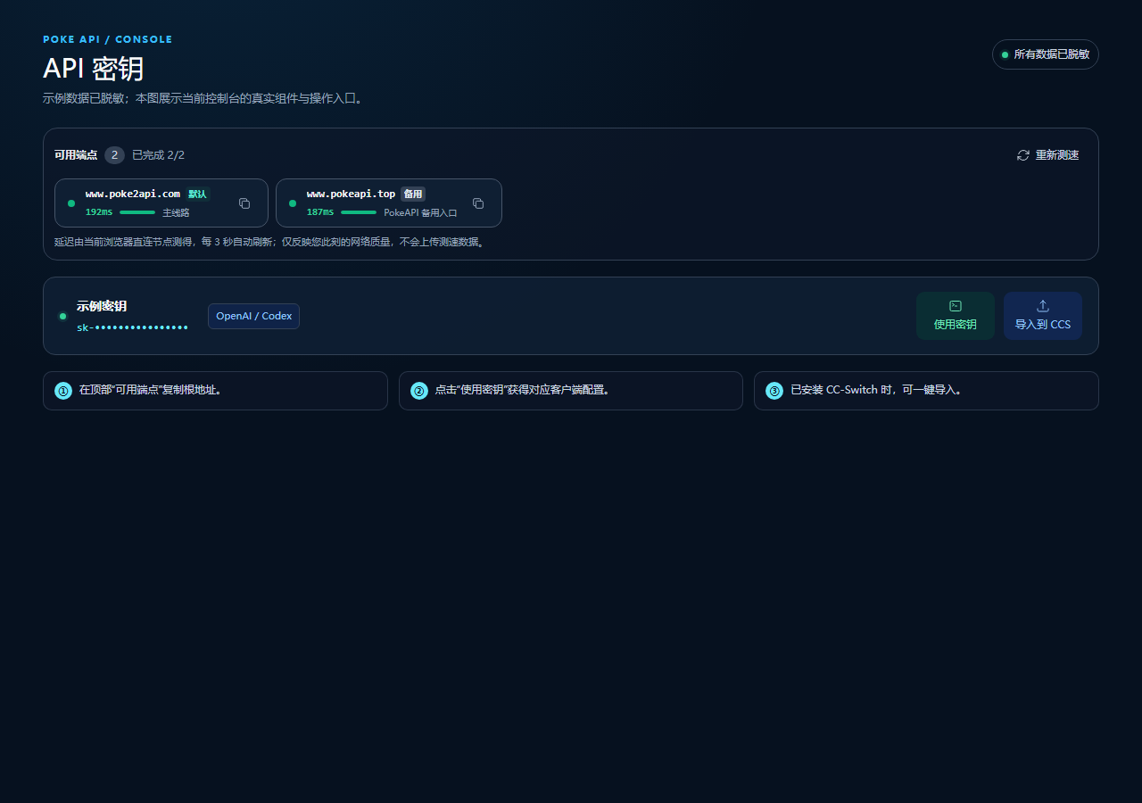 Poke API API 密钥页面的脱敏操作图：顶部可用端点区域、端点复制入口、使用密钥和导入到 CCS 按钮